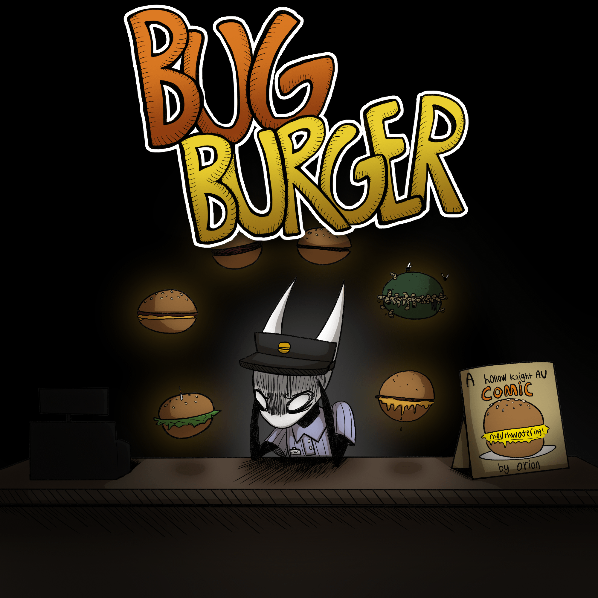 bug burger cover, showing hornet looking very distressed while surrounded by the 6 Bug Burgers